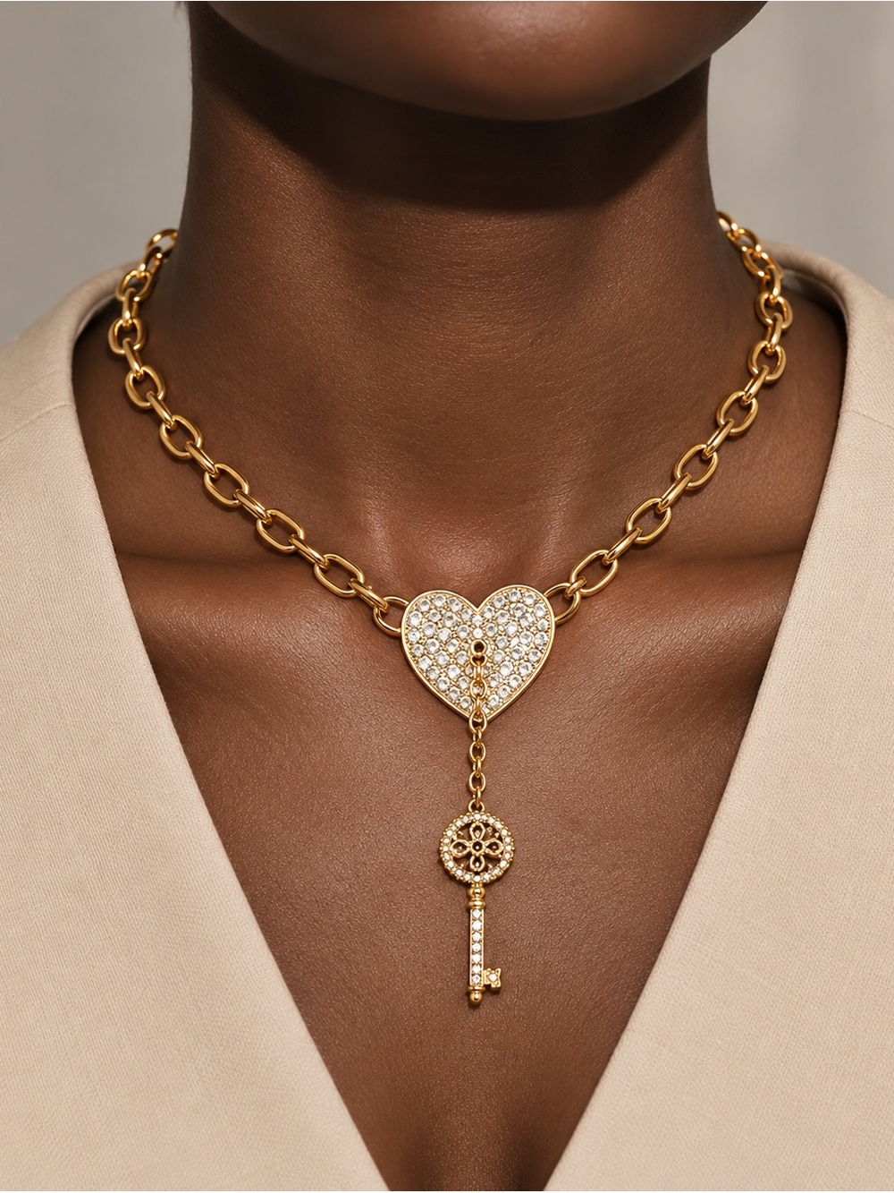 Maison Amour Pavé Heart Key Pendant Necklace